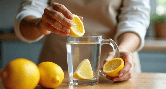 Agua com Limão Preparação de água morna com limão para emagrecimento e saúde, mostrando limão fresco sendo espremido em copo de água transparente.