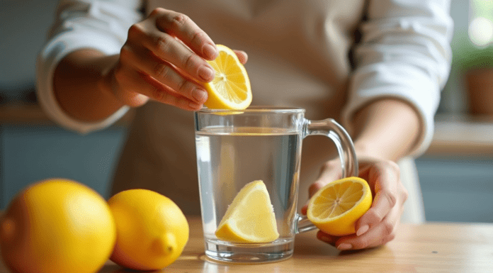 Água morna com limão emagrece? Verdade ou mito? Preparação de água morna com limão para emagrecimento e saúde, mostrando limão fresco sendo espremido em copo de água transparente.