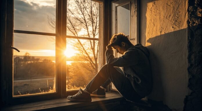 Falta de Vitamina D: Identificando e Tratando Sintomas Comuns Pessoa com semblante cansado próxima à janela, com raios de sol entrando, simbolizando a falta de vitamina D e sua fonte natural