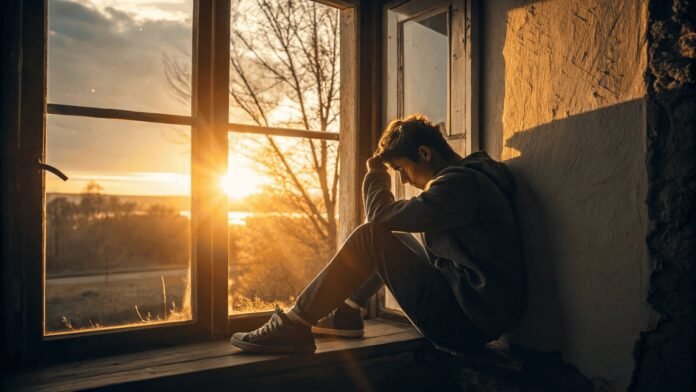 O despertar da energia solar En Pessoa com semblante cansado próxima à janela, com raios de sol entrando, simbolizando a falta de vitamina D e sua fonte natural