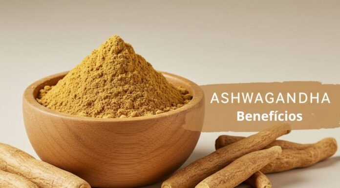 Ashwagandha: Benefícios Comprovados para Estresse, Ansiedade e Imunidade Natural Raiz e pó de Ashwagandha em tigela de madeira com texto "Ashwagandha Benefícios" - adaptógeno natural para estresse e imunidade