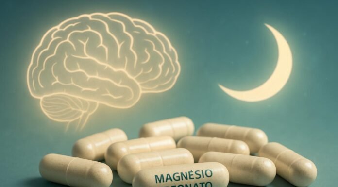 Magnésio Treonato: Como Melhorar Memória e Sono Naturalmente Cápsulas de Magnésio Treonato com imagem de cérebro e lua ao fundo, simbolizando saúde cerebral e sono