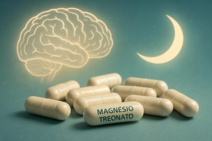 magnesio-treonato-cerebro-sono Cápsulas de Magnésio Treonato com imagem de cérebro e lua ao fundo, simbolizando saúde cerebral e sono
