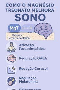 Infográfico explicando como o Magnésio Treonato melhora o sono através de 5 mecanismos