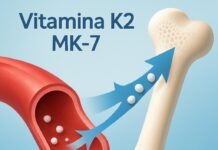 Vitamina K2 MK7: O Nutriente Esquecido para Saúde Cardiovascular e Óssea Ilustração mostrando a Vitamina K2 MK7 direcionando o cálcio para os ossos e limpando as artérias