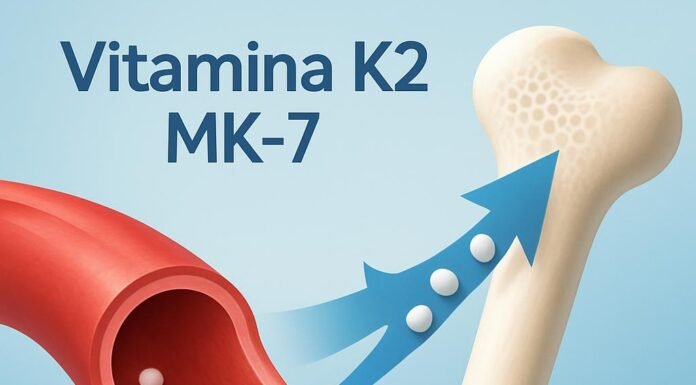 Vitamina K2 MK7: O Nutriente Esquecido para Saúde Cardiovascular e Óssea Ilustração mostrando a Vitamina K2 MK7 direcionando o cálcio para os ossos e limpando as artérias
