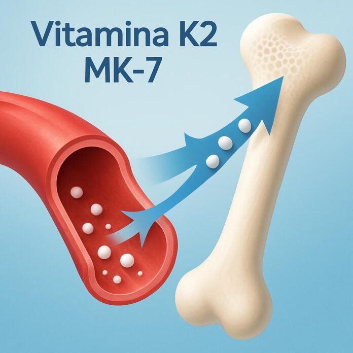 vitamina-k2-mk7-coracao-ossos Ilustração mostrando a Vitamina K2 MK7 direcionando o cálcio para os ossos e limpando as artérias