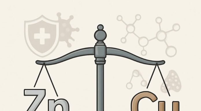 Zinco e Cobre: O Equilíbrio Perfeito para Imunidade e Saúde Hormonal Símbolos químicos de Zinco e Cobre em equilíbrio numa balança, com escudos e símbolos hormonais ao fundo