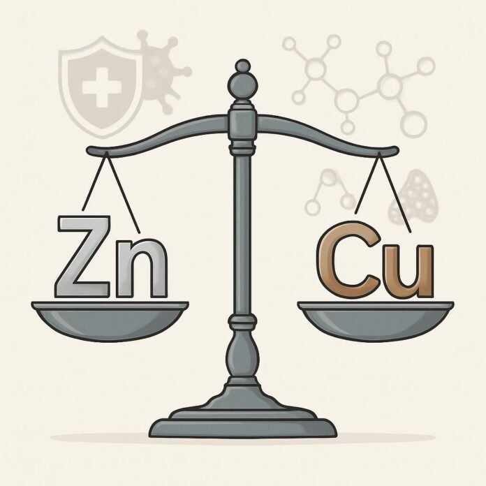 zinco-cobre-balanca-imunidade Símbolos químicos de Zinco e Cobre em equilíbrio numa balança, com escudos e símbolos hormonais ao fundo