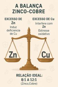 Infográfico ilustrando a balança Zinco e zincoCobre e a relação ideal entre os minerais