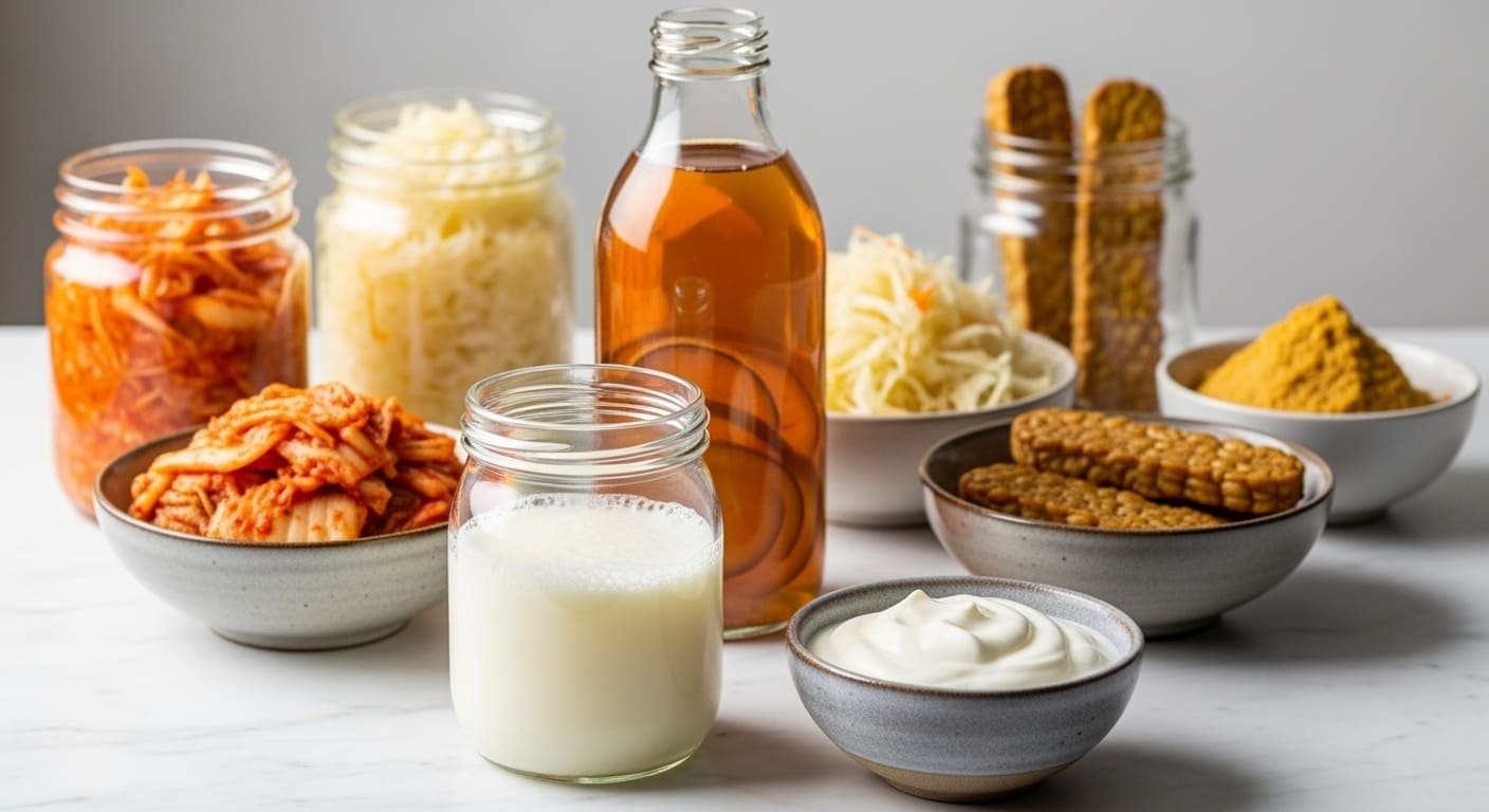 kefir, iogurte, kombucha, kimchi, chucrute e outros alimentos fermentados.