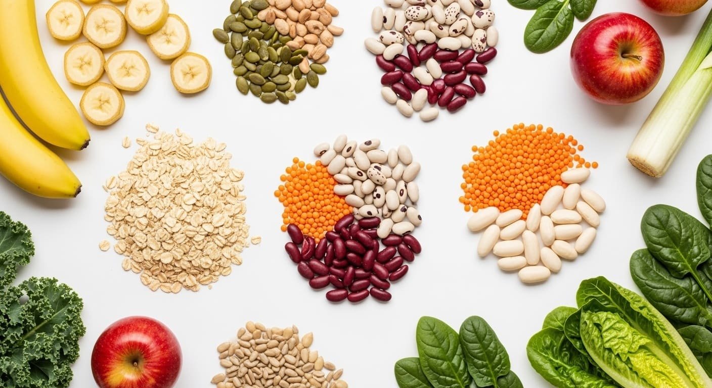 alimentos ricos em fibras como aveia, leguminosas, sementes e frutas.