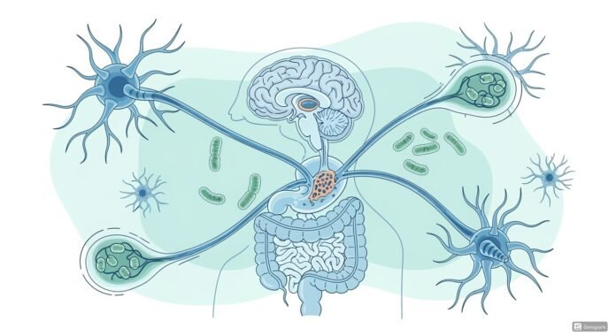 eixo-intestino-cerebro-principal eixo intestino-cérebro, mostrando a comunicação bidirecional entre o sistema digestivo e o cérebro.