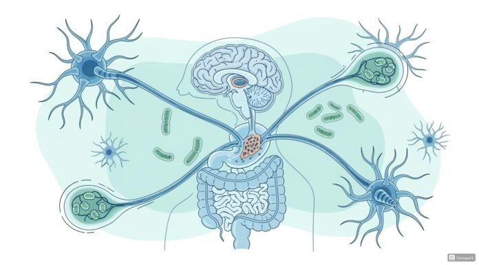 Eixo Intestino-Cérebro: Como a Saúde Intestinal Afeta o Humor, o Sono e a Imunidade eixo intestino-cérebro, mostrando a comunicação bidirecional entre o sistema digestivo e o cérebro.