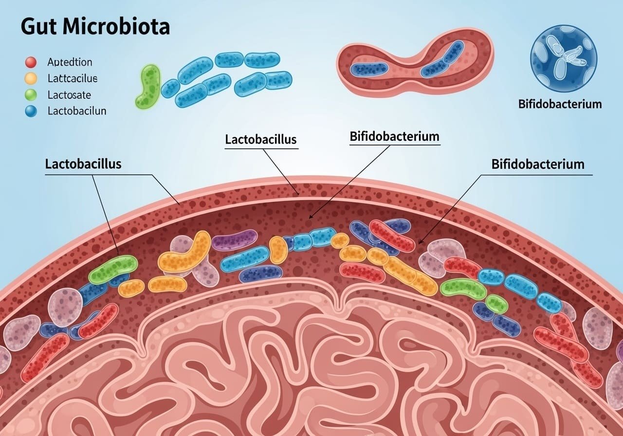 diversidade da microbiota intestinal com diferentes tipos de bactérias benéficas. Saúde Intestinal