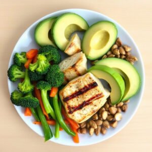 Prato equilibrado com proteínas, vegetais coloridos e gorduras saudáveis para quebrar o jejum intermitente