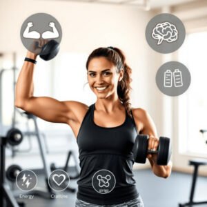 Mulher forte e saudável representando os benefícios da creatina