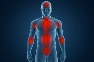 Corpo humano com áreas vermelhas destacando inflamações crônicas e texto “5 principais sinais de inflamação crônica”.