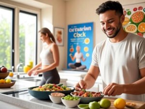 Pessoa sorrindo em uma cozinha organizada, preparando uma refeição saudável com ingredientes frescos, representando o bem-estar e energia que vem da crononutrição