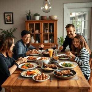 Família reunida à mesa fazendo uma refeição saudável, mostrando como o jejum intermitente se adapta à vida social