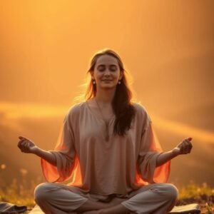 Pessoa em posição de meditação ao nascer do sol, representando clareza mental e bem-estar do jejum intermitente