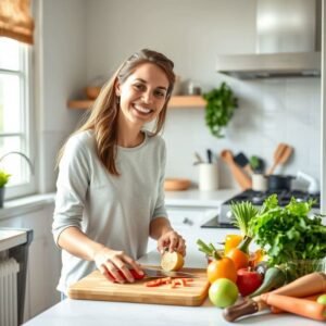 Pessoa sorrindo enquanto prepara uma refeição saudável na cozinha, representando o bem-estar do jejum intermitente