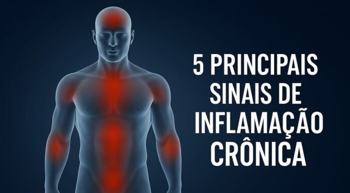 5 Sinais de Inflamação Crônica e Como Reduzir Naturalmente Corpo humano com áreas vermelhas destacando inflamações crônicas e texto “5 principais sinais de inflamação crônica”.
