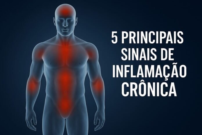 inflamacao-cronica-sinais (1) Corpo humano com áreas vermelhas destacando inflamações crônicas e texto “5 principais sinais de inflamação crônica”.