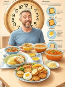 Infográfico mostrando o relógio circadiano de 24 horas com indicações de quando comer diferentes tipos de alimentos, com ícones representando manhã, tarde e noite