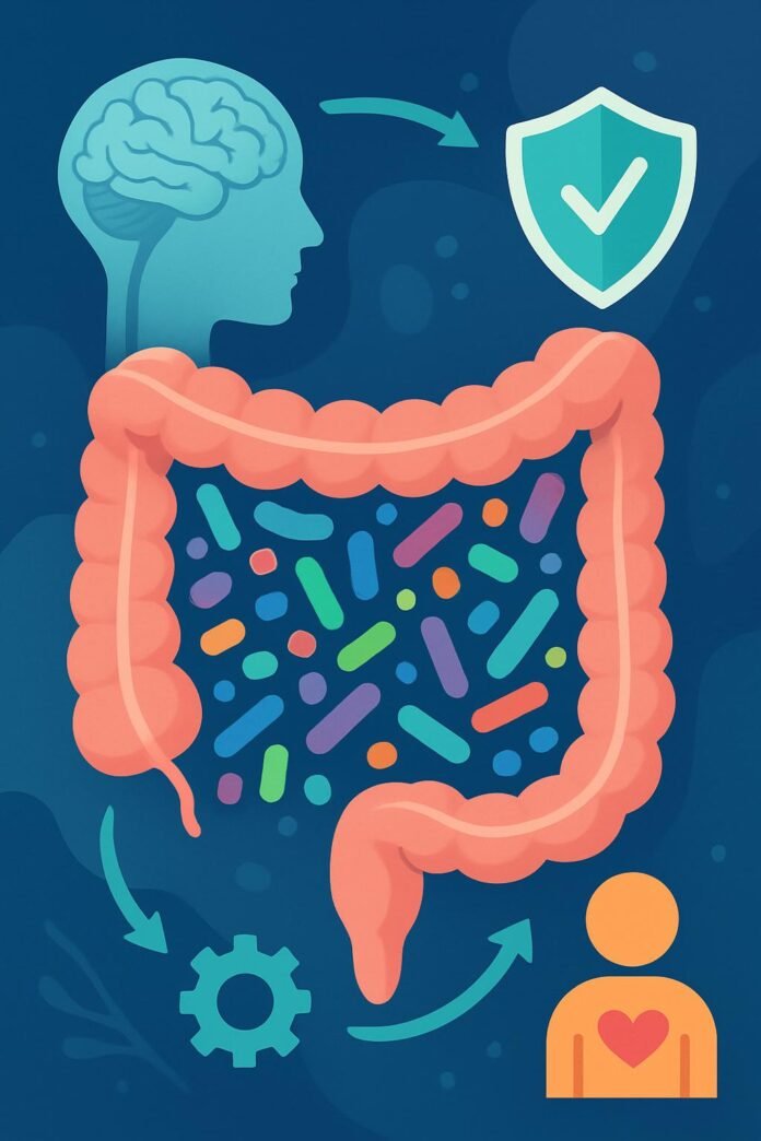 microbioma-intestinal-saude Ilustração do imicrobioma intestinal e suas conexões com o cérebro, sistema imunológico e metabolismo