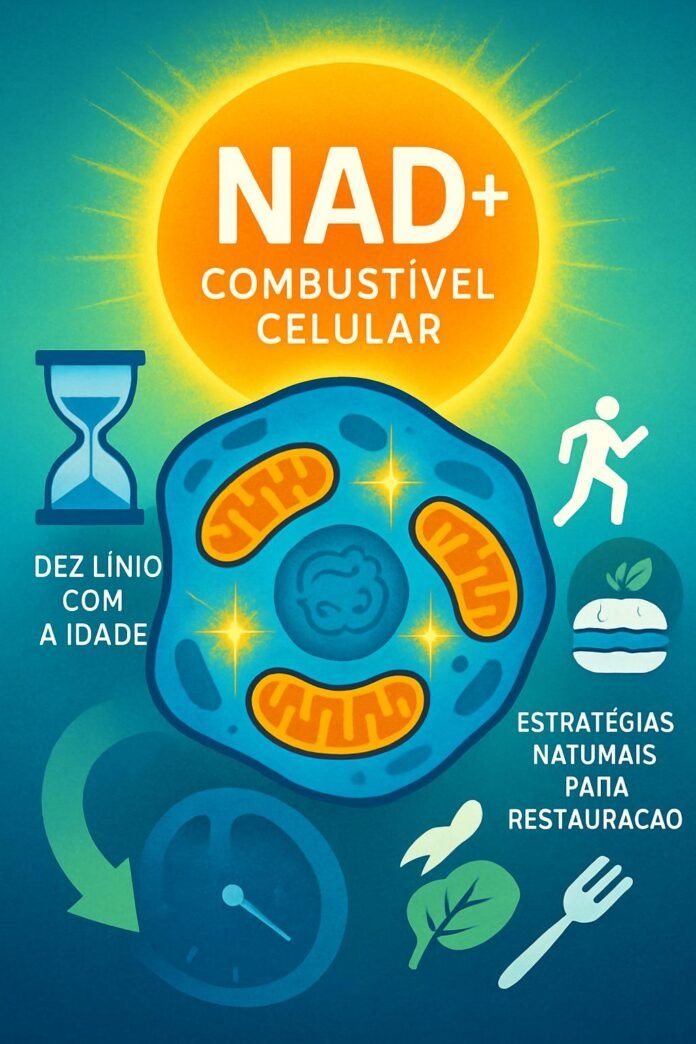 nad-combustivel-celular Representação do NAD+ como combustível celular com mitocôndria energizada e estratégias naturais para restauração