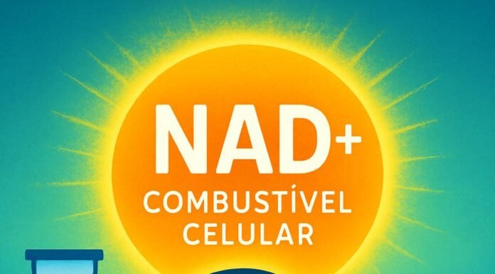NAD+: O Combustível Celular em Declínio e as Estratégias Naturais para Restaurá-lo Representação do NAD+ como combustível celular com mitocôndria energizada e estratégias naturais para restauração