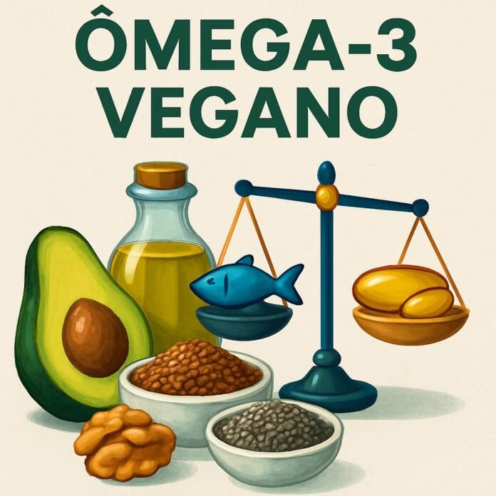 omega3-vegano-fontes-alternativas Fontes de Ômega-3 vegano como linhaça, chia, nozes e óleo de algas em uma balança equilibrada com óleo de peixe
