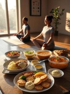 Mesa com refeições balanceadas distribuídas ao longo do dia, mostrando café da manhã nutritivo, almoço completo e jantar leve, representando a crononutrição na prática
