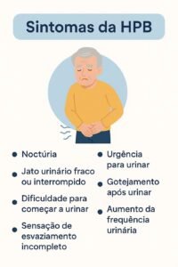 Infográfico com os principais sintomas da hiperplasia prostática benigna