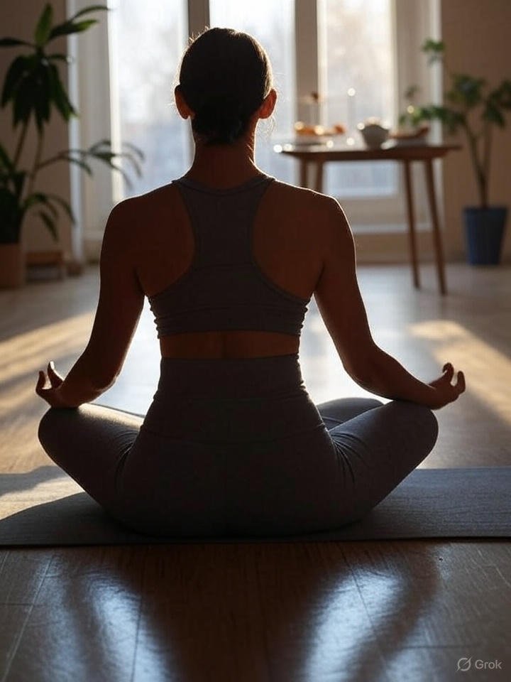 Pessoa fazendo yoga matinal em ambiente tranquilo com luz natural entrando pela janela, representando o alinhamento entre exercício e ritmo circadiano